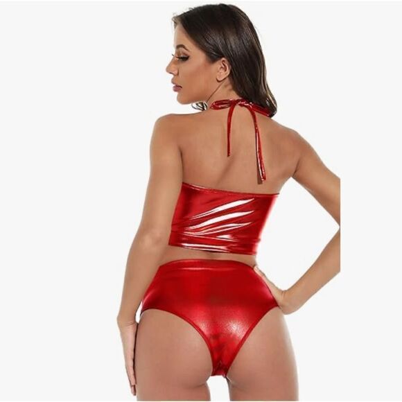 New Halter Metallic Crop Top Shiny Keyhole Bra for Dancing, Raves, Festivals - Picture 3 of 12